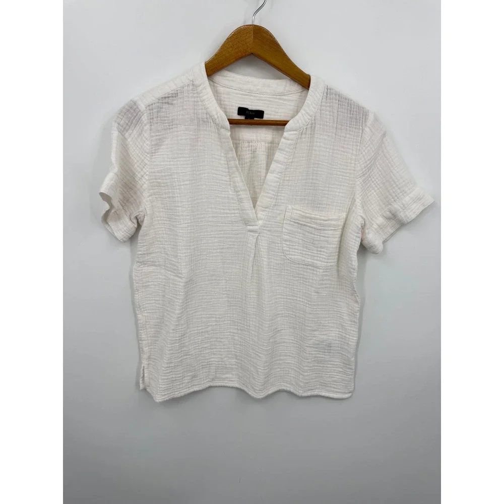 J.Crew BI431 Double Gauze V-Neck Top Womens S Off White Short Sleeve Pocket